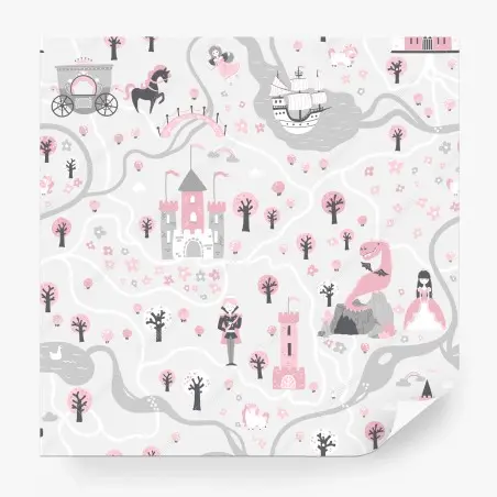 Papier peint carte féerique rose aux châteaux et créatures – Wallnifity®