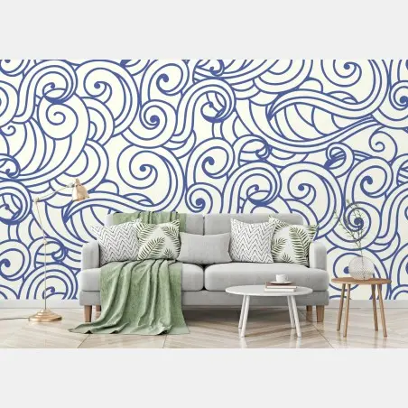 Papier peint motif ondes décoratives bleu et ivoire – Wallnifity®