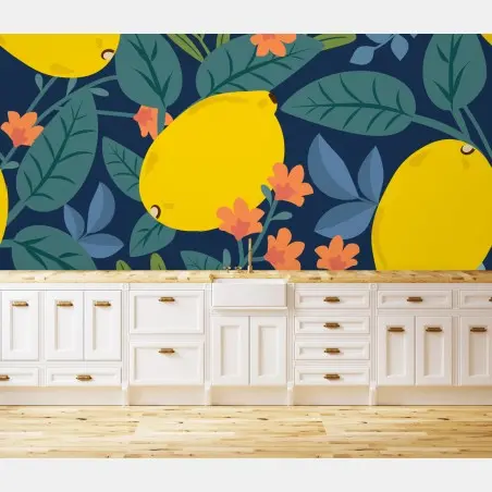 Papier peint motif citrons et feuillages sur fond bleu nuit – Wallnifity®