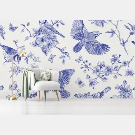 Papier peint motif oiseaux et fleurs bleues sur fond clair – Wallnifity®