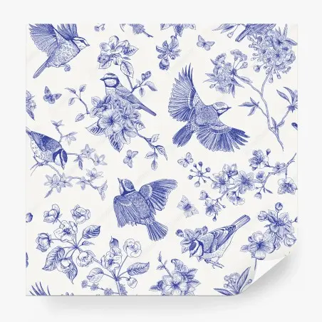 Papier peint motif oiseaux et fleurs bleues sur fond clair – Wallnifity®