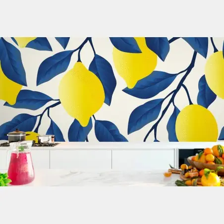 Papier peint motif citrons et feuilles bleues – Wallnifity®