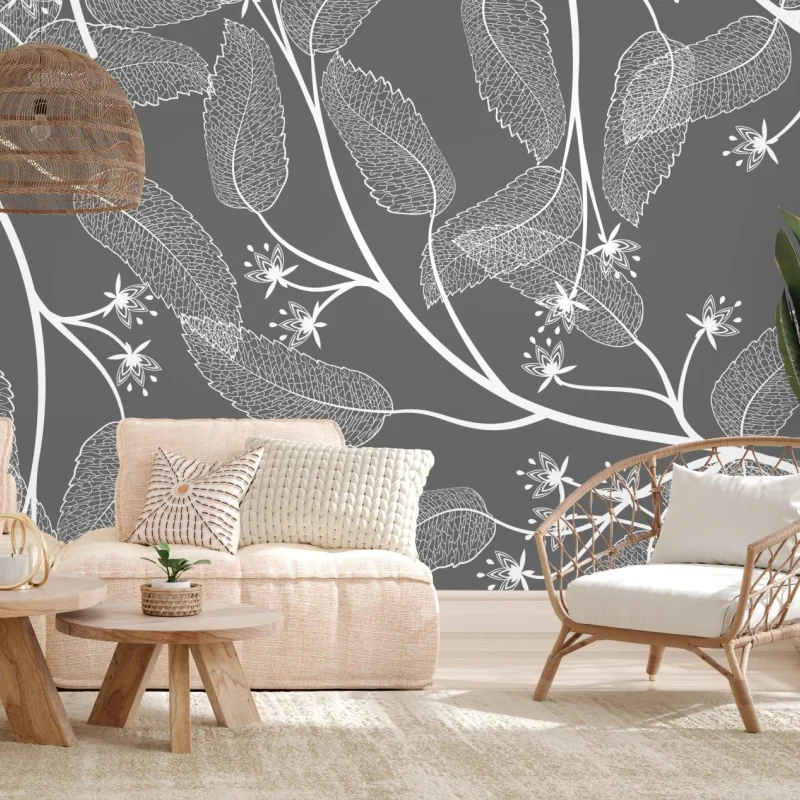 Papier peint motif floral minimaliste en gris et blanc – Wallnifity® Papier peint motif floral minimaliste en gris et blanc – Wallnifity®
