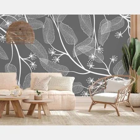 Papier peint motif floral minimaliste en gris et blanc – Wallnifity®