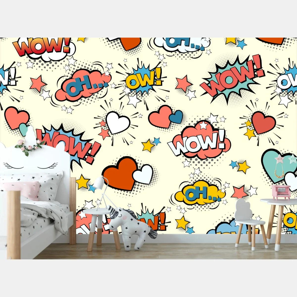 Papier peint motif pop art onomatopées et cœurs colorés – Wallnifity® Papier peint motif pop art onomatopées et cœurs colorés – Wallnifity®