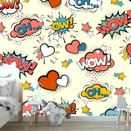 Papier peint motif pop art onomatopées et cœurs colorés – Wallnifity®