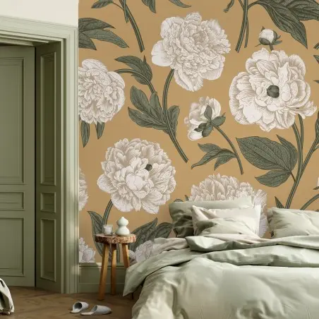 Papier peint motif de pivoines vintage sur fond beige – Wallnifity®