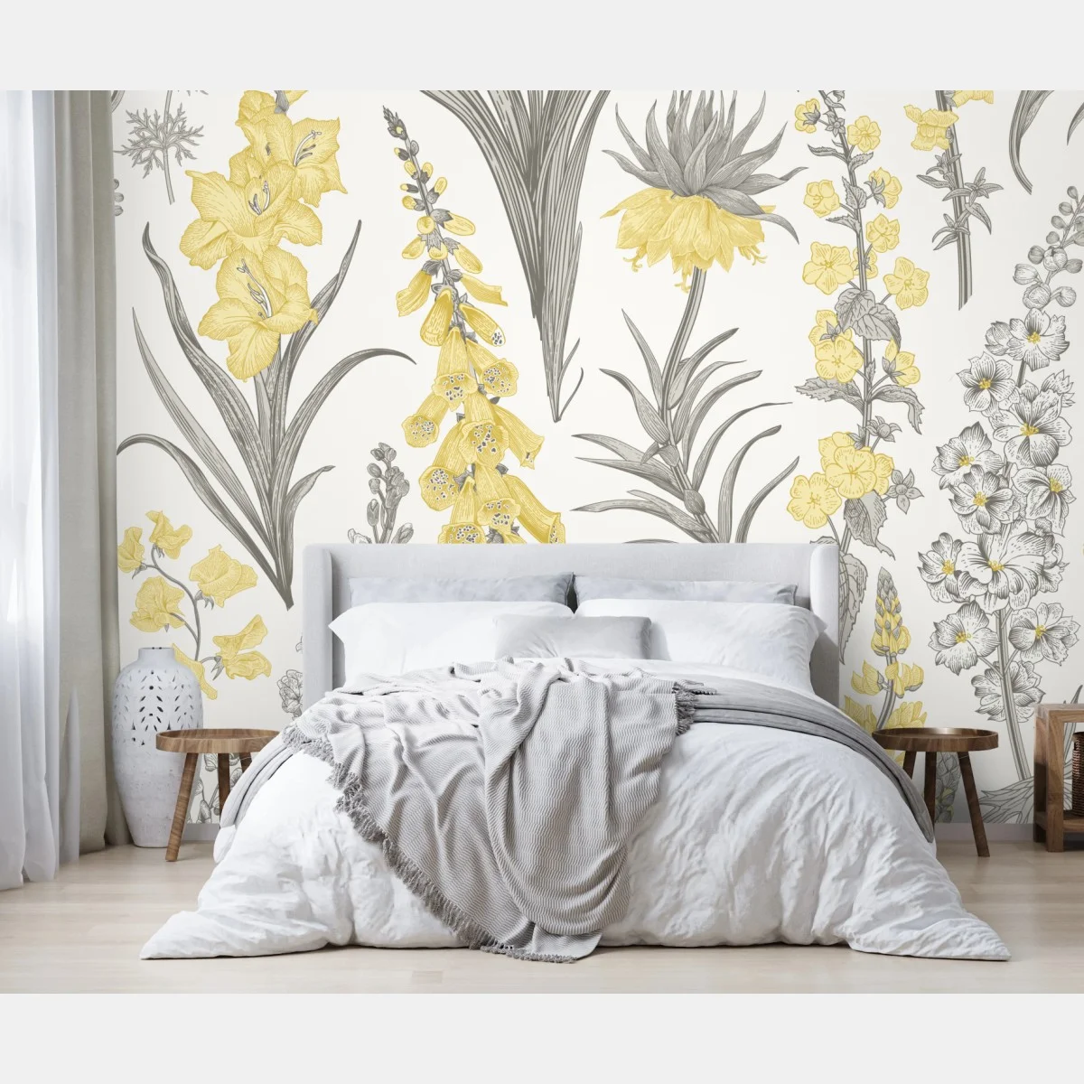Papier peint motif floral botanique jaune et gris – Wallnifity® Papier peint motif floral botanique jaune et gris – Wallnifity®