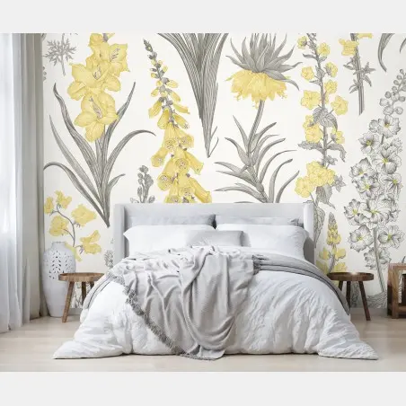 Papier peint motif floral botanique jaune et gris – Wallnifity®