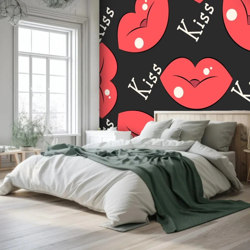 Papier peint motif lèvres rouges pop art sur fond noir – Wallnifity®