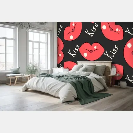 Papier peint motif lèvres rouges pop art sur fond noir – Wallnifity®