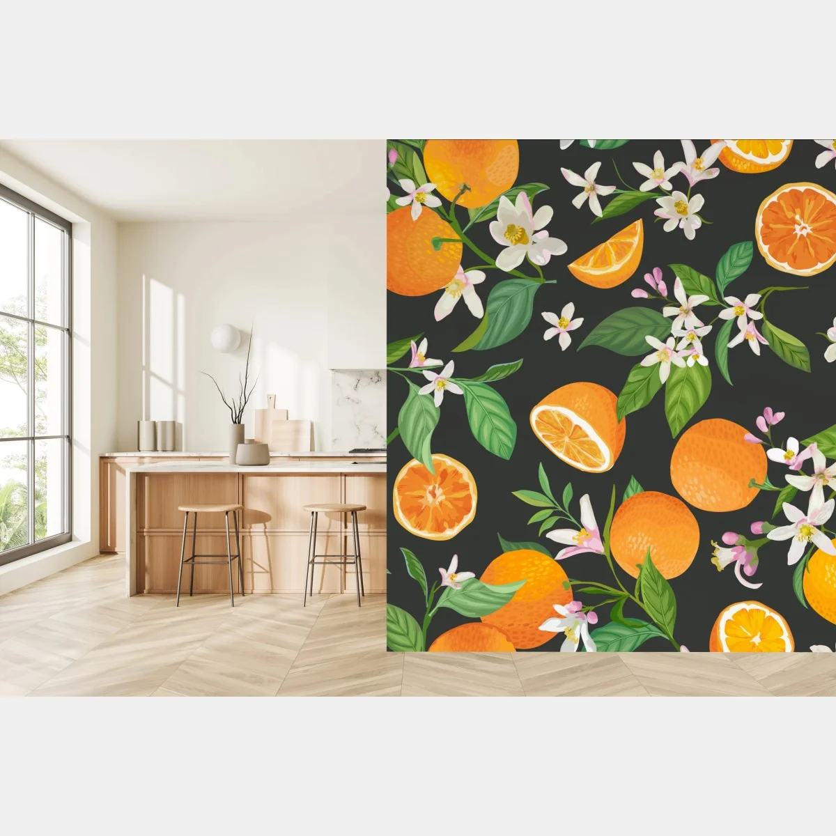 Papier peint motif d'agrumes et fleurs d'oranger sur fond sombre – Wallnifity® Papier peint motif d'agrumes et fleurs d'oranger sur fond sombre – Wallnifity®