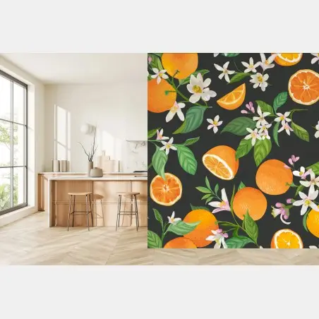 Papier peint motif d'agrumes et fleurs d'oranger sur fond sombre – Wallnifity®
