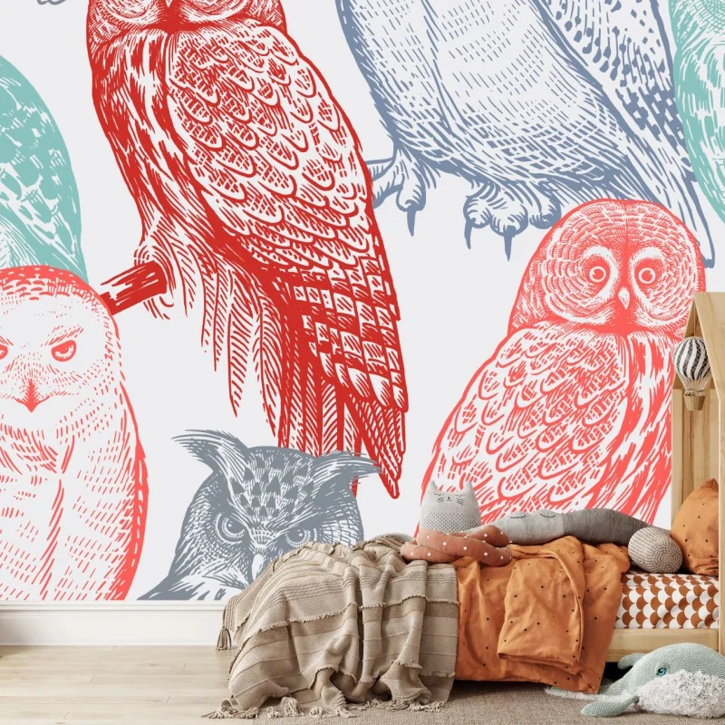 Papier peint motif hiboux style gravure coloré – Wallnifity®