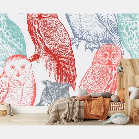 Papier peint motif hiboux style gravure coloré – Wallnifity®