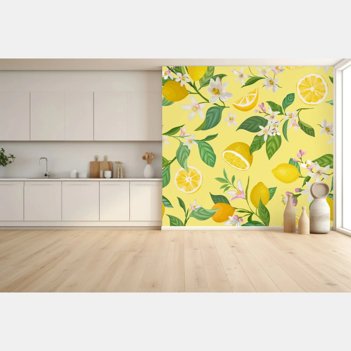 Papier peint motif citron et fleurs sur fond jaune – Wallnifity® Papier peint motif citron et fleurs sur fond jaune – Wallnifity®