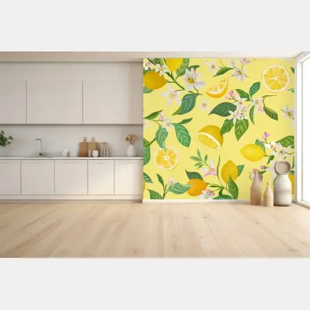 Papier peint motif citron et fleurs sur fond jaune – Wallnifity®