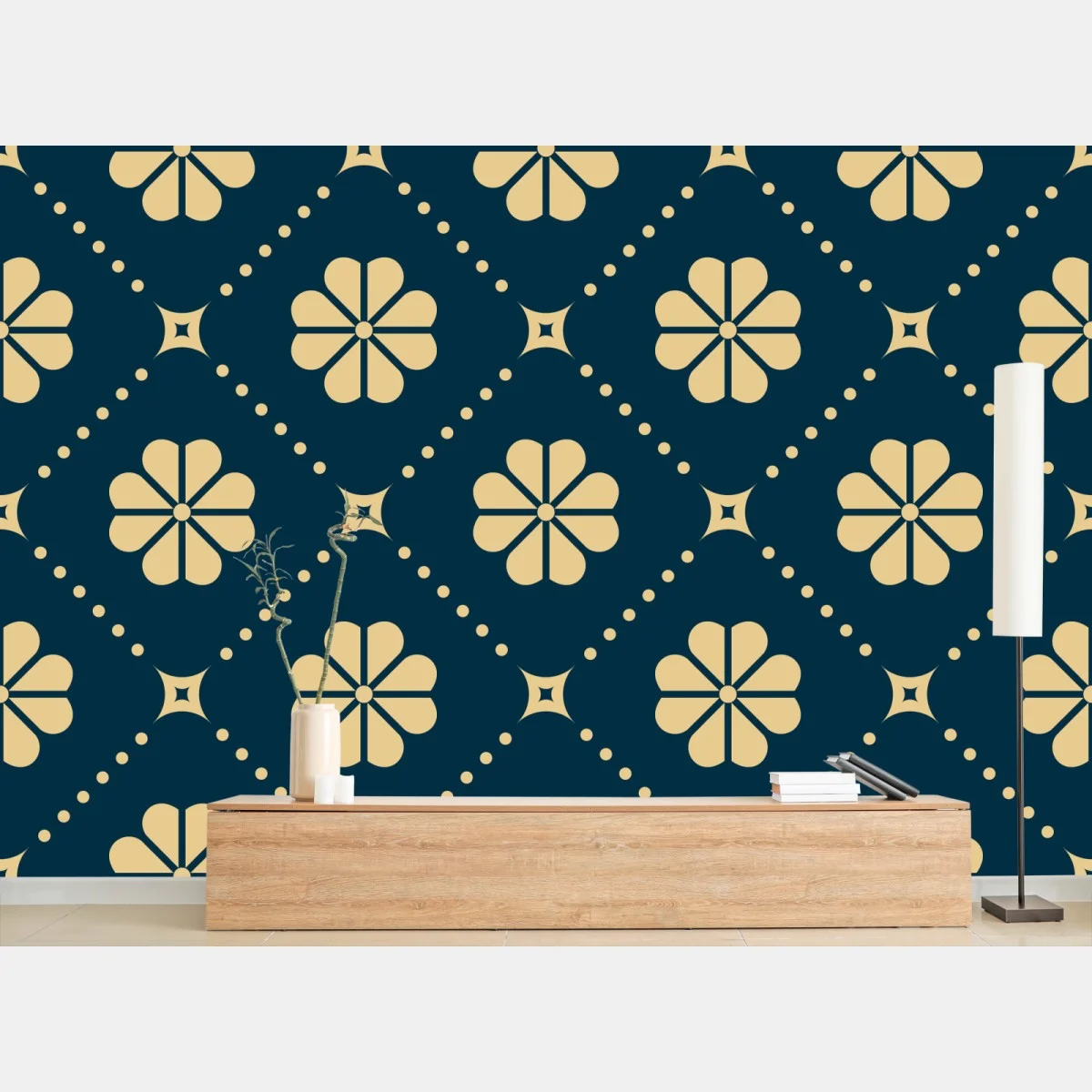 Papier peint motif floral géométrique bleu marine et beige – Wallnifity® Papier peint motif floral géométrique bleu marine et beige – Wallnifity®
