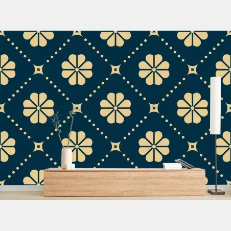 Papier peint motif floral géométrique bleu marine et beige – Wallnifity®