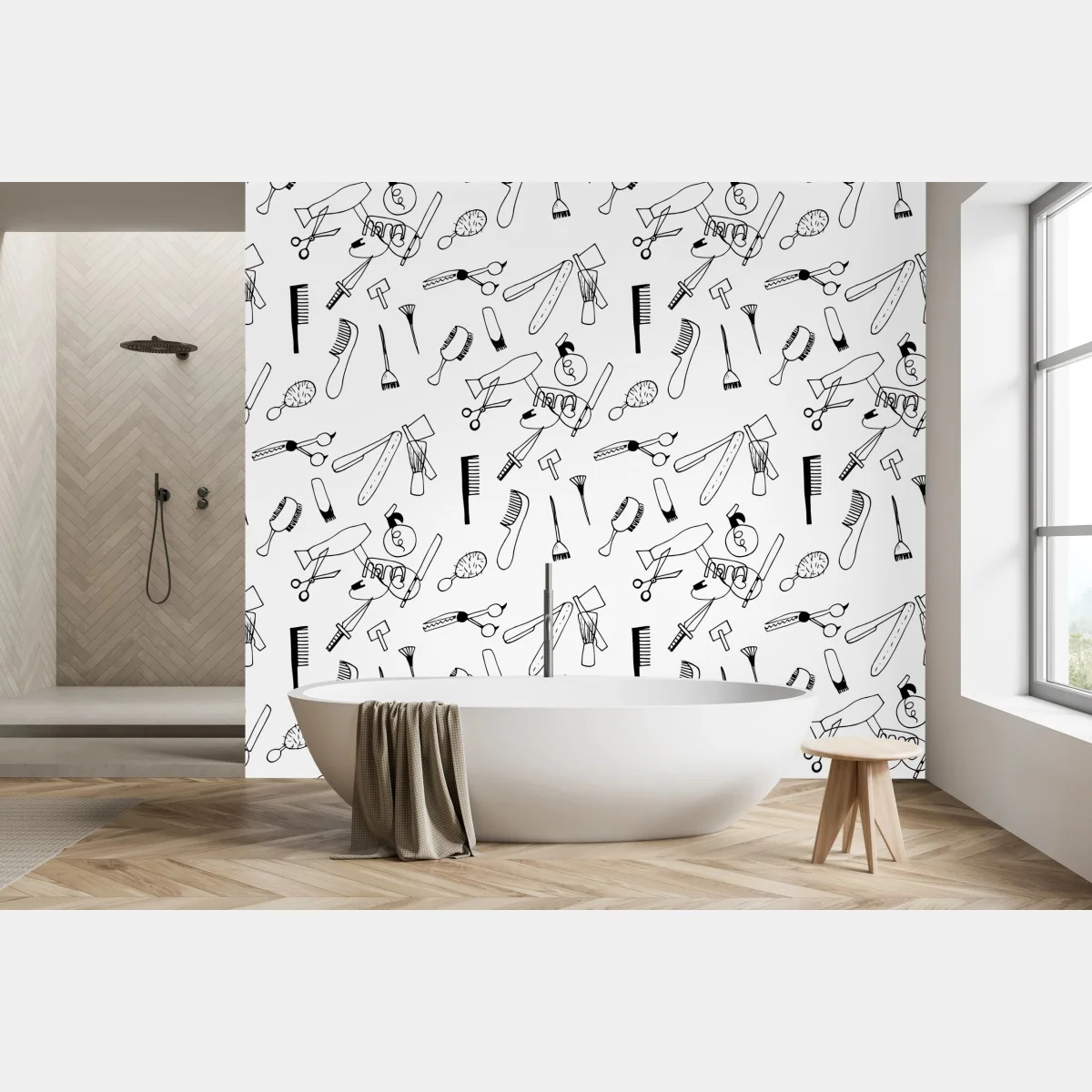 Papier peint motif d'outils de coiffure en noir et blanc – Wallnifity® Papier peint motif d'outils de coiffure en noir et blanc – Wallnifity®