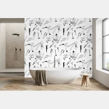 Papier peint motif d'outils de coiffure en noir et blanc – Wallnifity®