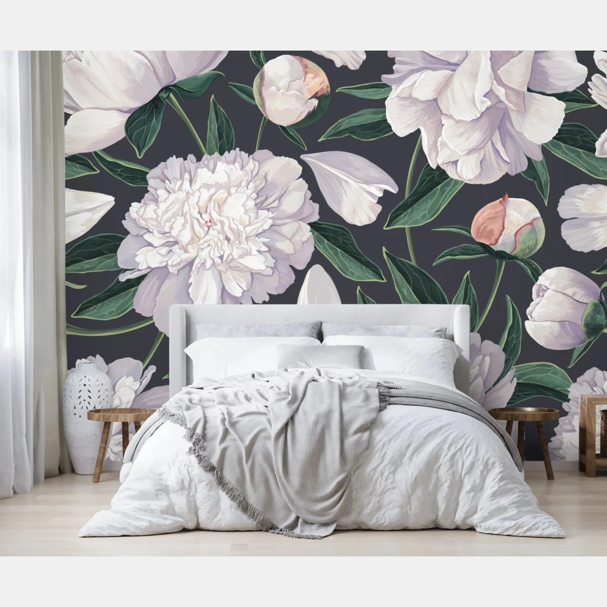 Papier peint pivoines blanches élégantes sur fond anthracite – Wallnifity® Papier peint pivoines blanches élégantes sur fond anthracite – Wallnifity®