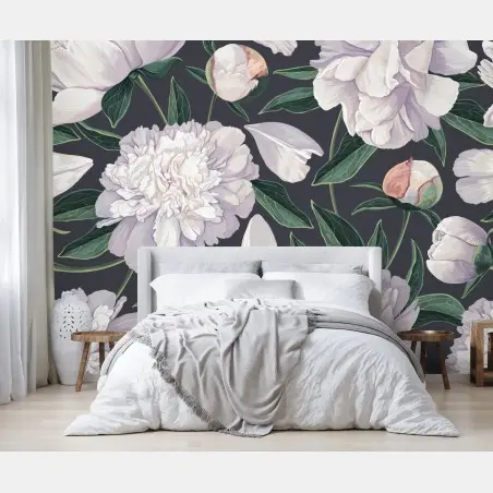 Papier peint pivoines blanches élégantes sur fond anthracite – Wallnifity®