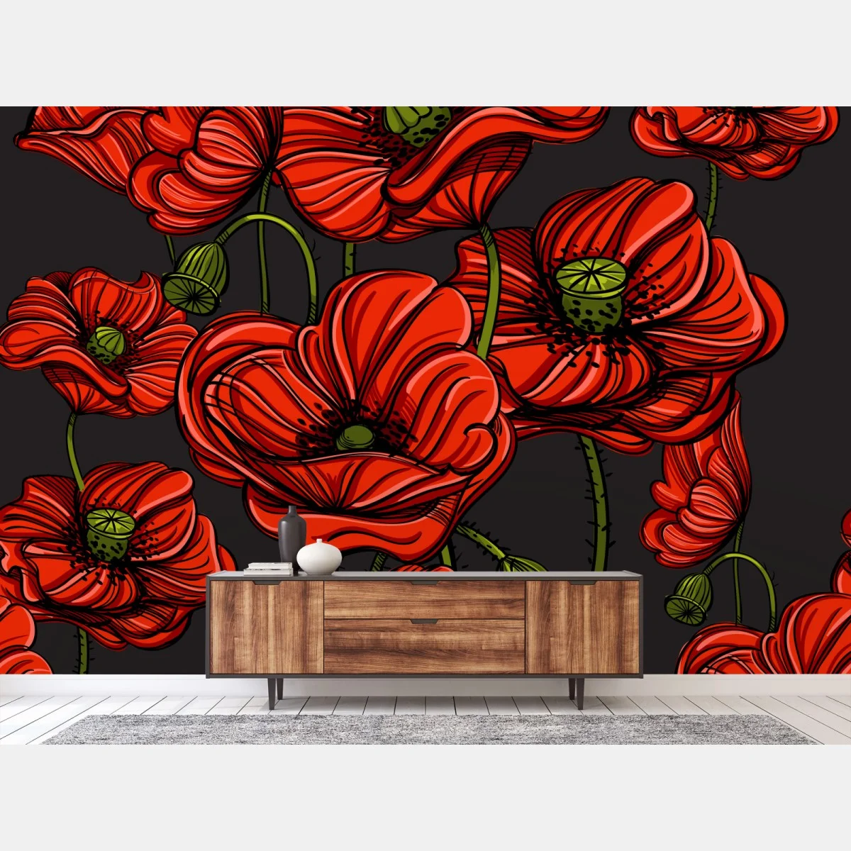Papier peint bouquet de coquelicots rouges sur fond sombre – Wallnifity® Papier peint bouquet de coquelicots rouges sur fond sombre – Wallnifity®