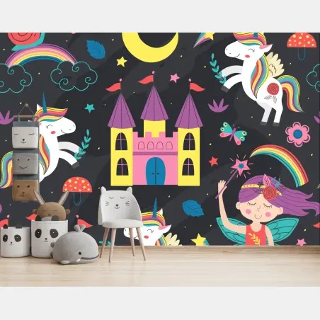 Papier peint univers féerique de licornes et châteaux – Wallnifity®