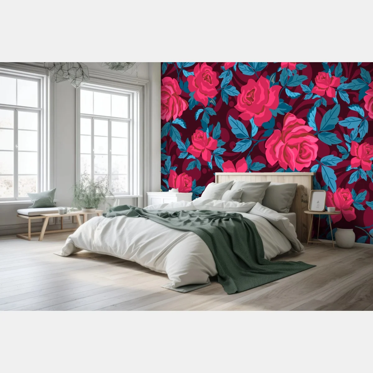Papier peint motif floral de roses et feuillage bleu sur fond bordeaux – Wallnifity® Papier peint motif floral de roses et feuillage bleu sur fond bordeaux – Wallnifity®