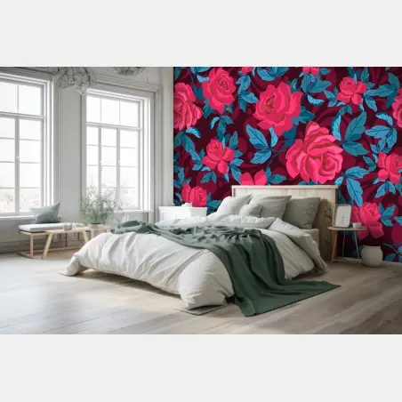 Papier peint motif floral de roses et feuillage bleu sur fond bordeaux – Wallnifity®