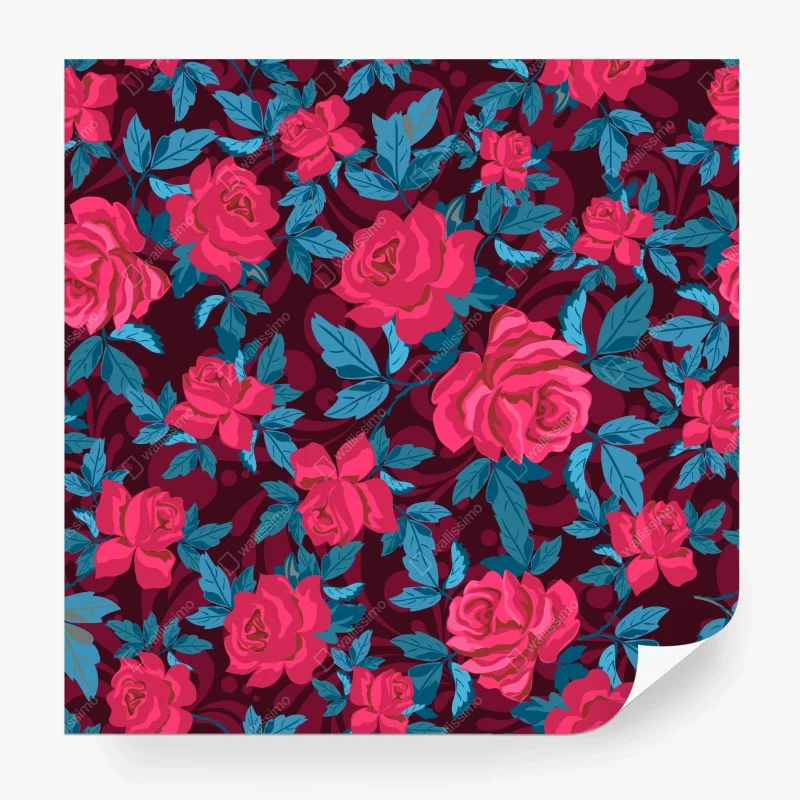 Papier peint motif floral de roses et feuillage bleu sur fond bordeaux – Wallnifity® Papier peint motif floral de roses et feuillage bleu sur fond bordeaux – Wallnifity®