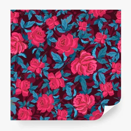 Papier peint motif floral de roses et feuillage bleu sur fond bordeaux – Wallnifity®