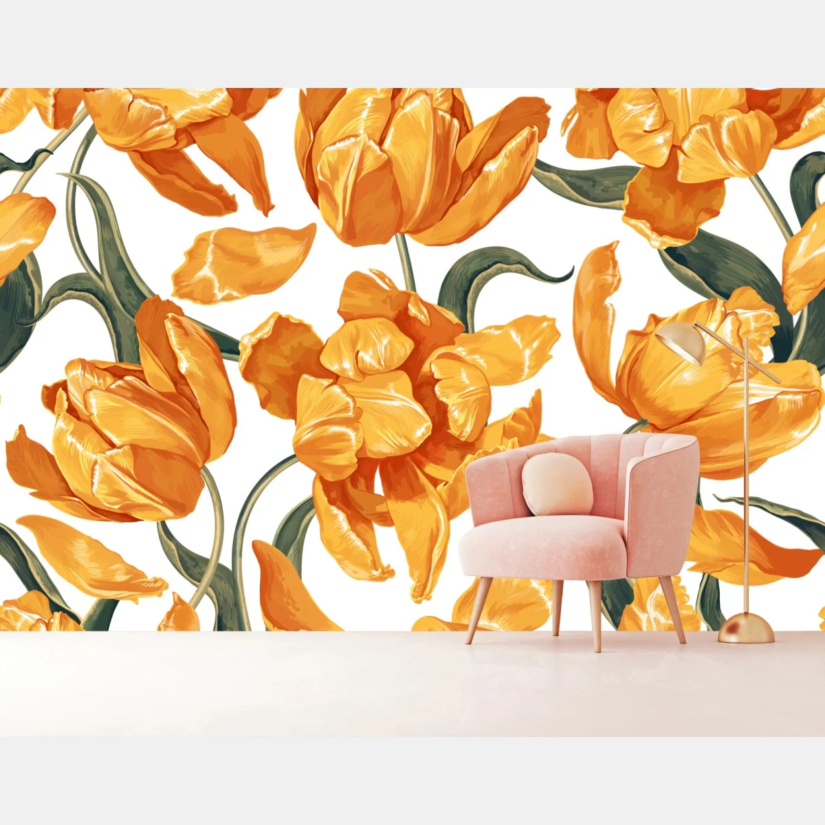 Papier peint motif tulipes orangées sur fond blanc – Wallnifity® Papier peint motif tulipes orangées sur fond blanc – Wallnifity®