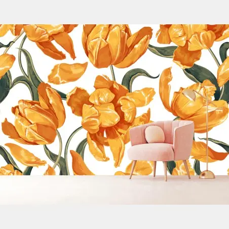 Papier peint motif tulipes orangées sur fond blanc – Wallnifity®
