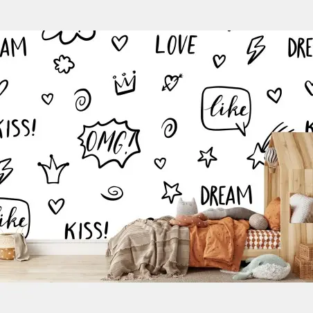 Papier peint motifs griffonnés pop art en noir et blanc – Wallnifity®
