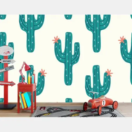 Papier peint motif cactus graphique vert et rose – Wallnifity®