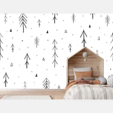 Papier peint sapins minimalistes scandinaves en noir et blanc – Wallnifity®