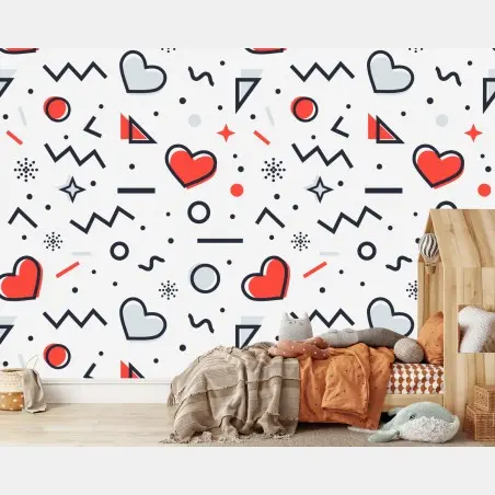 Papier peint motif géométrique aux cœurs rouge et gris – Wallnifity®