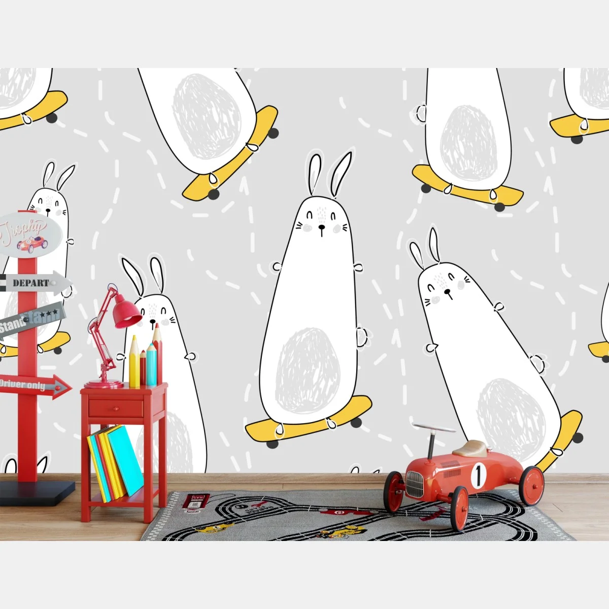 Papier peint lapins skateurs sur fond gris – Wallnifity® Papier peint lapins skateurs sur fond gris – Wallnifity®
