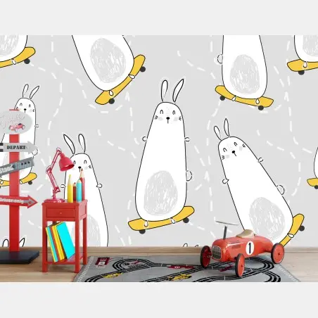 Papier peint lapins skateurs sur fond gris – Wallnifity®