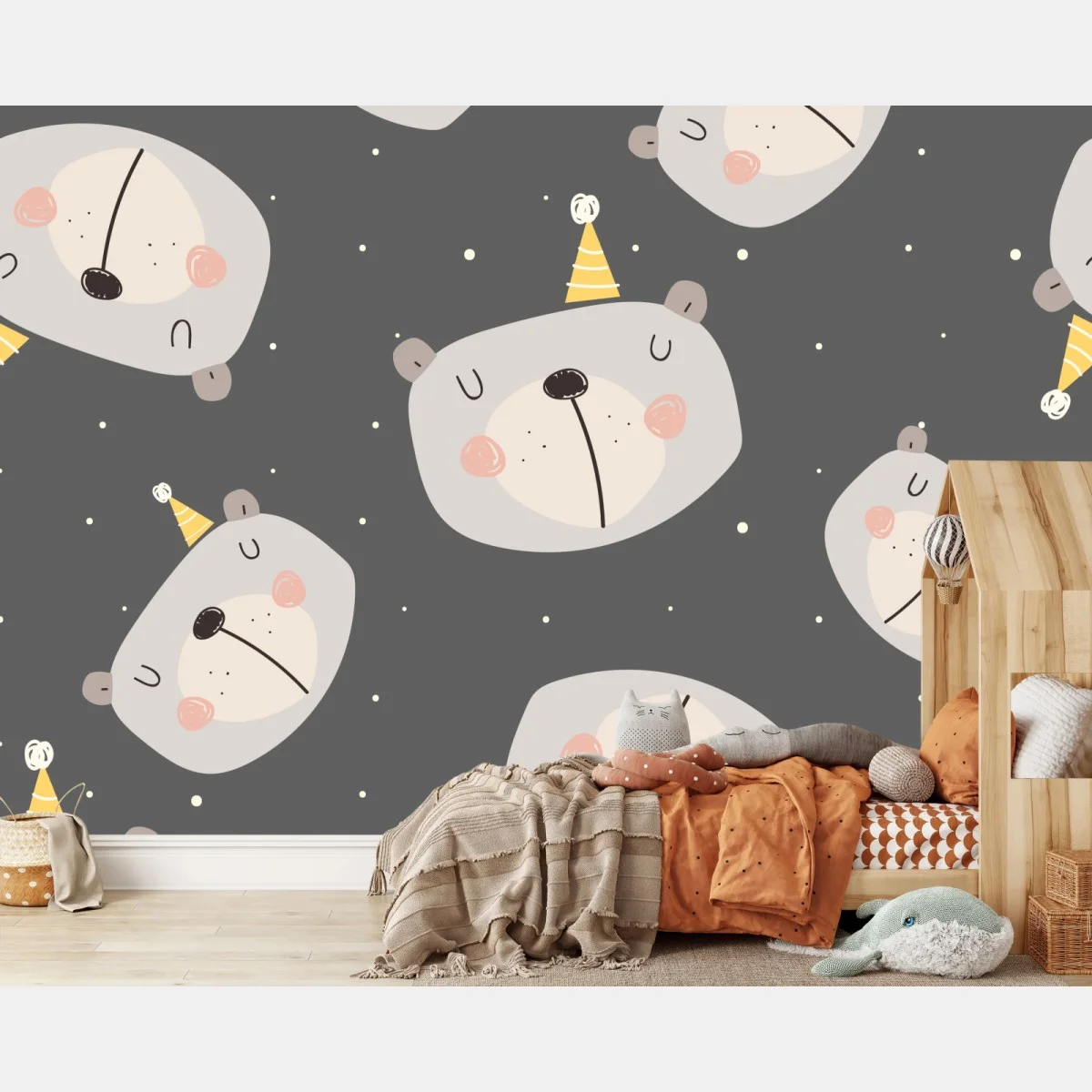 Papier peint motif oursons en fête sur fond gris – Wallnifity® Papier peint motif oursons en fête sur fond gris – Wallnifity®