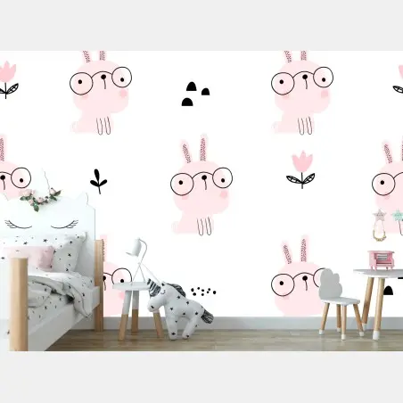 Papier peint motif de lapins roses à lunettes pour chambre d'enfant – Wallnifity®