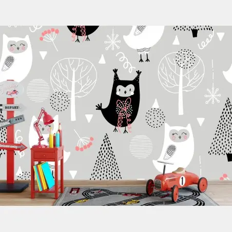Papier peint motif de chouettes scandinaves pour chambre d'enfant – Wallnifity®