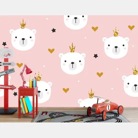Papier peint têtes d'ours couronnées sur fond rose – Wallnifity®