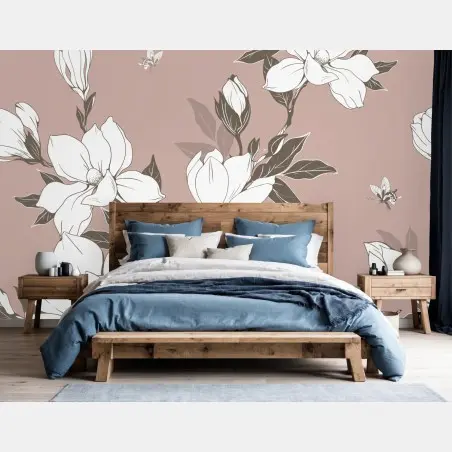 Papier peint motif floral magnolia sur fond rose poudré – Wallnifity®