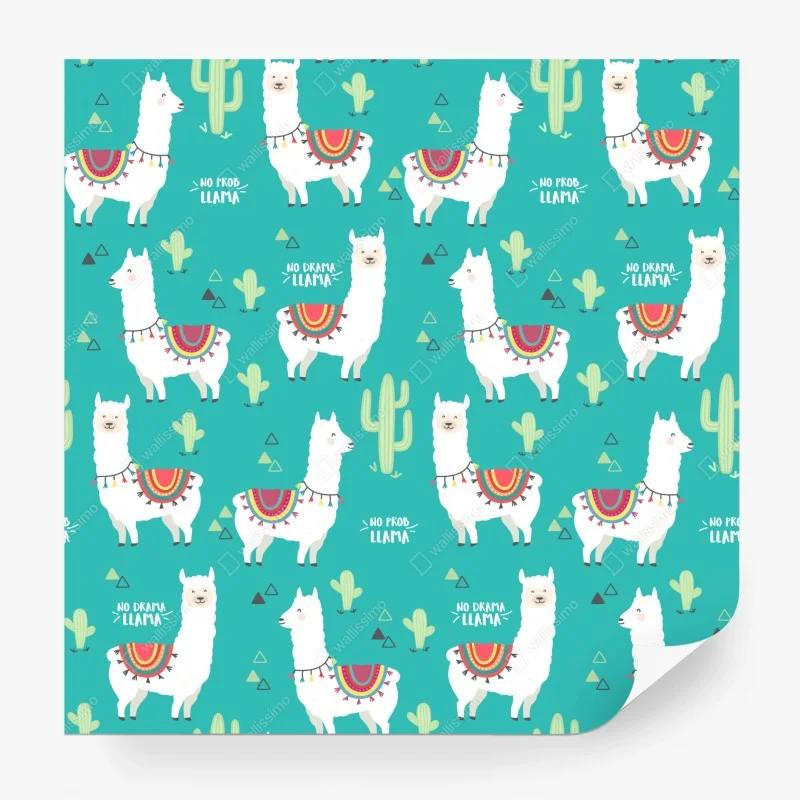 Papier peint motif lamas joyeux sur fond turquoise – Wallnifity® Papier peint motif lamas joyeux sur fond turquoise – Wallnifity®