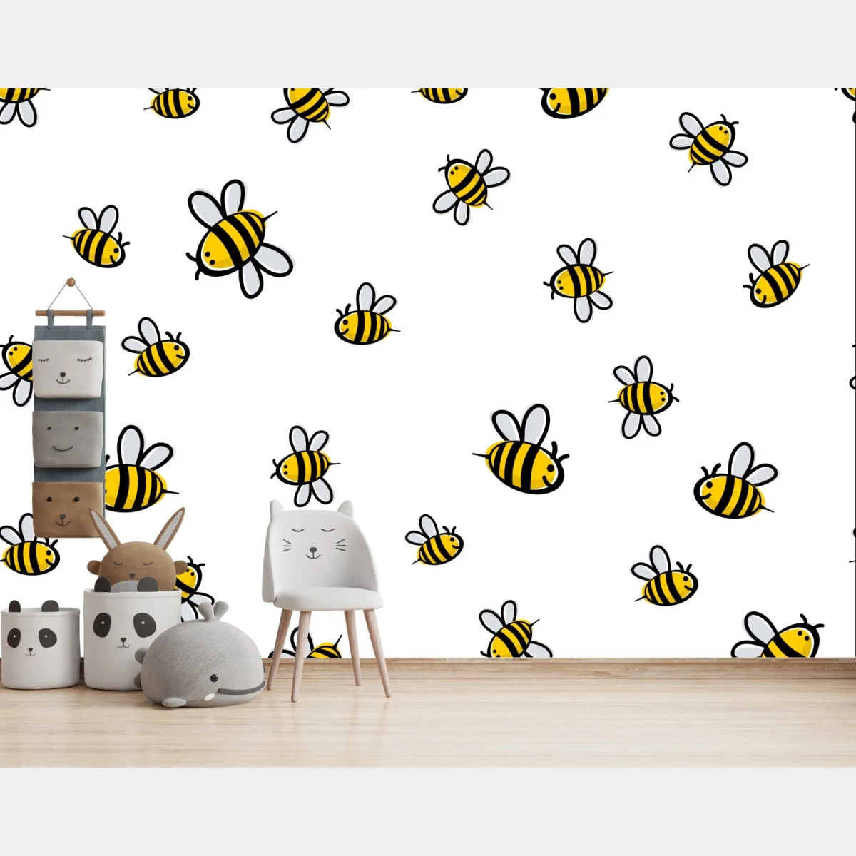 Papier peint motif d'abeilles joyeuses sur fond blanc – Wallnifity® Papier peint motif d'abeilles joyeuses sur fond blanc – Wallnifity®
