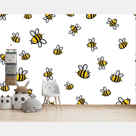 Papier peint motif d'abeilles joyeuses sur fond blanc – Wallnifity®