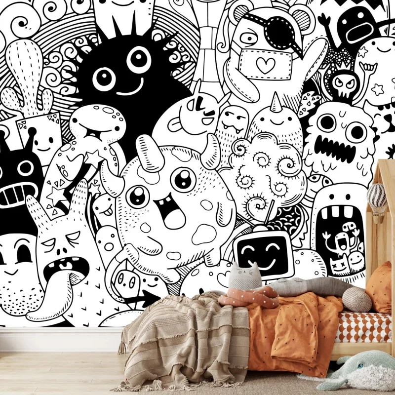 Papier peint rassemblement de monstres doodle en noir et blanc – Wallnifity®